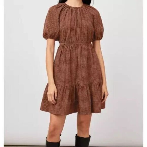 Rails Khloe Gingham Mini Cotton Dress S Russet Brown Balloon Sleeve Cottagecore - Picture 1 of 16